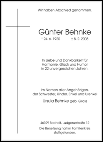 Traueranzeige von Günter Behnke von Tageszeitung