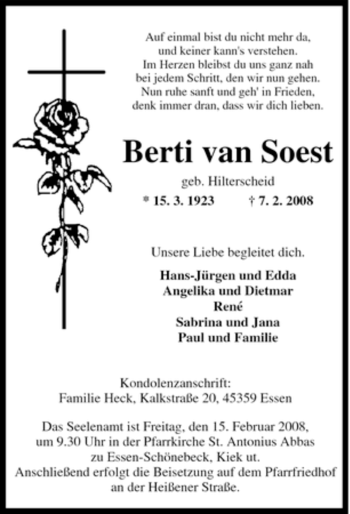 Traueranzeige von Berti van Soest von Tageszeitung
