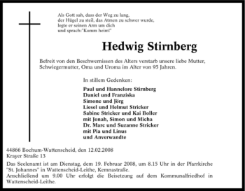 Traueranzeige von Hedwig Stirnberg von Tageszeitung