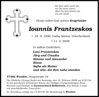 Traueranzeige von Ioannis Frantzeskos von Tageszeitung