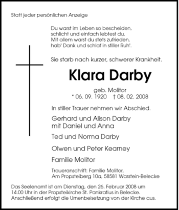 Traueranzeige von Klara Darby von Tageszeitung