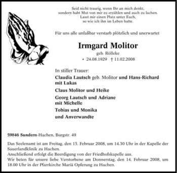 Traueranzeige von Irmgard Molitor von Tageszeitung