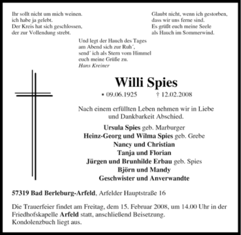 Traueranzeige von Willi Spies von Tageszeitung
