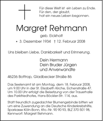 Traueranzeige von Margret Rehmann von Tageszeitung