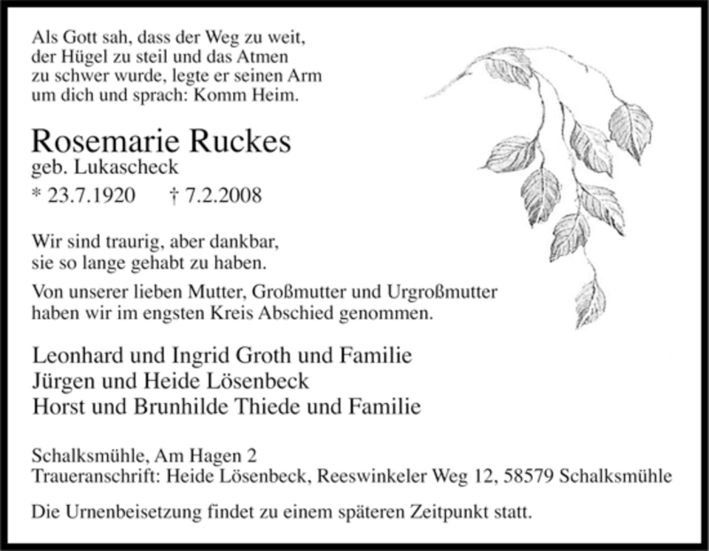  Traueranzeige für Rosemarie Ruckes vom 14.02.2008 aus Tageszeitung