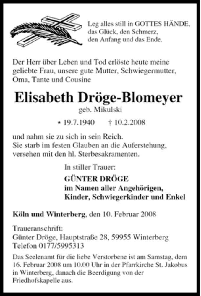  Traueranzeige für Elisabeth Dröge-Blomeyer vom 14.02.2008 aus Tageszeitung
