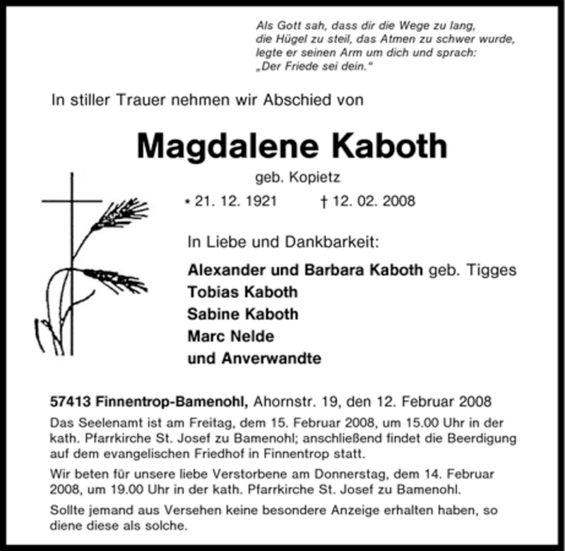  Traueranzeige für Magdalene Kaboth vom 14.02.2008 aus Tageszeitung