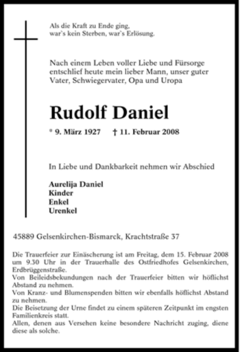 Traueranzeige von Rudolf Daniel von Tageszeitung
