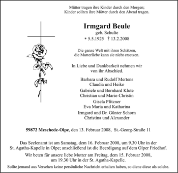 Traueranzeige von Irmgard Beule von Tageszeitung