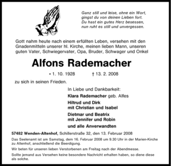Traueranzeige von Alfons Rademacher von Tageszeitung