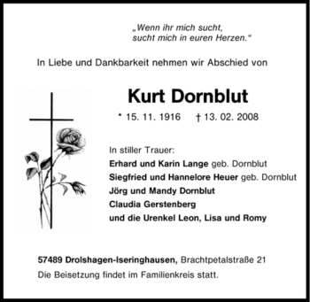 Traueranzeige von Kurt Dornblut von Tageszeitung
