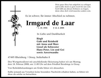 Traueranzeige von Irmgard de Laar von Tageszeitung
