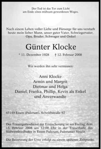 Traueranzeige von Günter Klocke von Tageszeitung