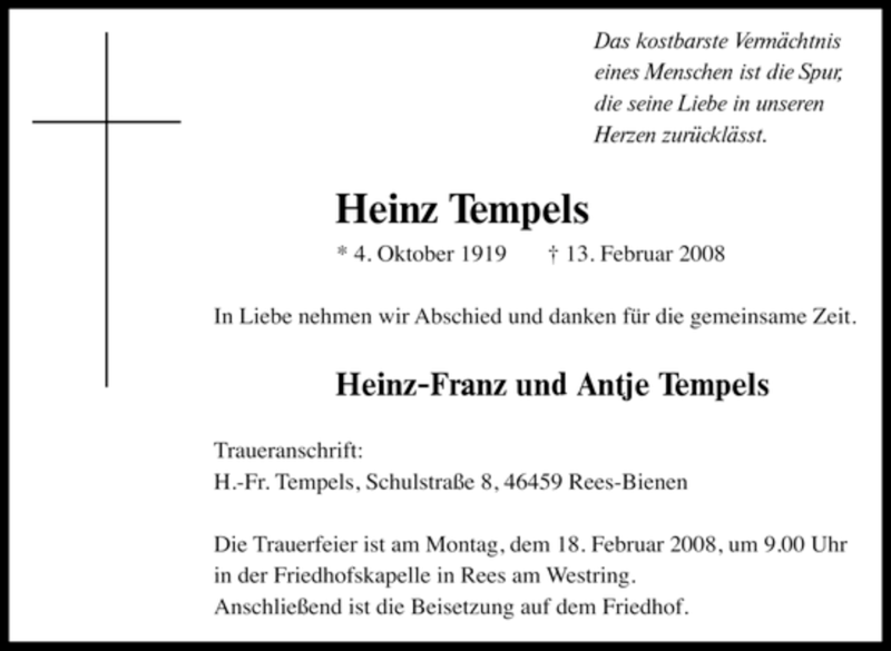  Traueranzeige für Heinz Tempels vom 14.02.2008 aus Tageszeitung