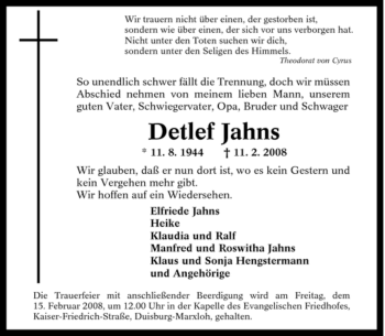 Traueranzeige von Detlef Jahns von Tageszeitung