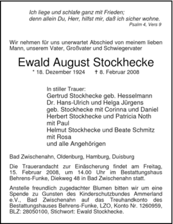 Traueranzeige von Ewald August Stockhecke von Tageszeitung
