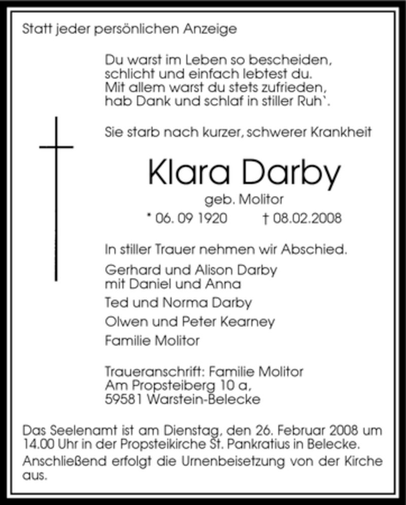  Traueranzeige für Klara Darby vom 14.02.2008 aus Tageszeitung