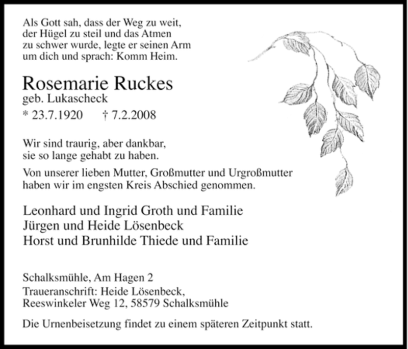  Traueranzeige für Rosemarie Ruckes vom 14.02.2008 aus Tageszeitung