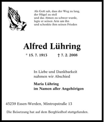 Traueranzeige von Alfred Lühring von Tageszeitung