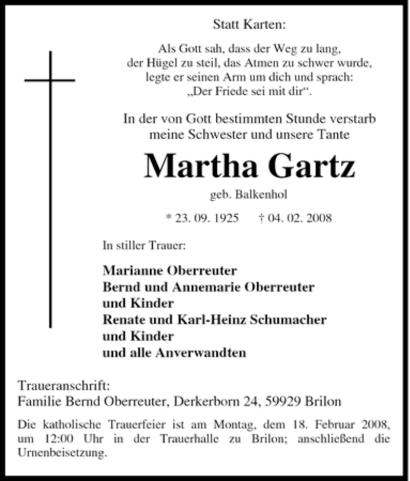  Traueranzeige für Martha Gartz vom 15.02.2008 aus Tageszeitung