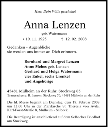 Traueranzeige von Anna Lenzen von Tageszeitung