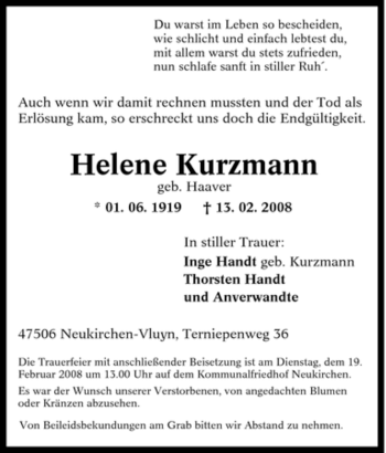 Traueranzeige von Helene Kurzmann von Tageszeitung