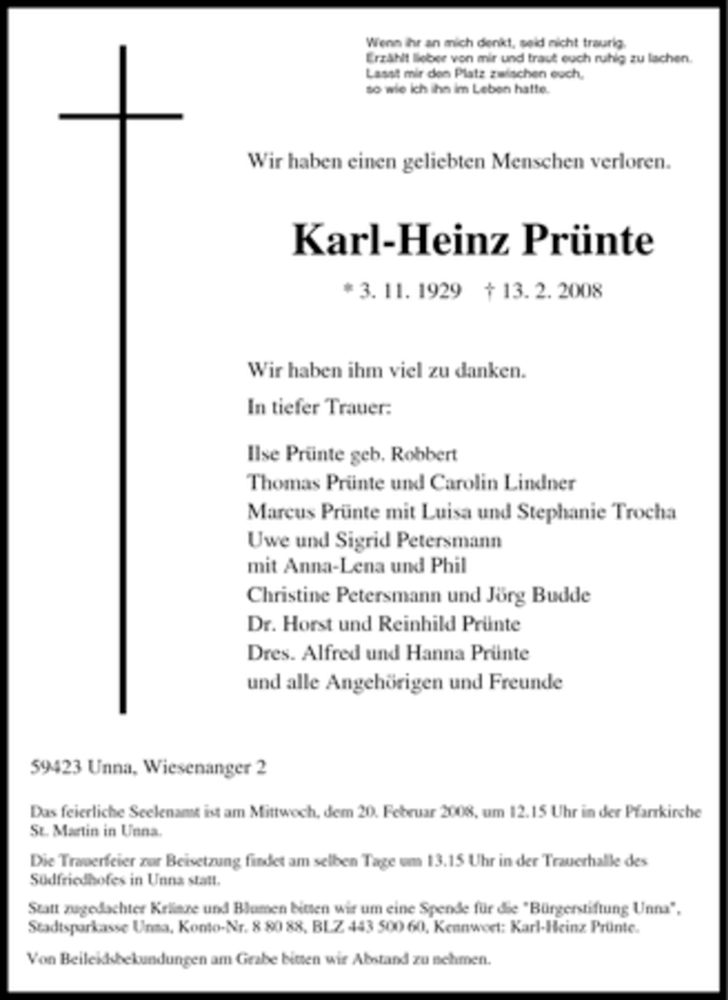  Traueranzeige für Karl-Heinz Prünte vom 15.02.2008 aus Tageszeitung