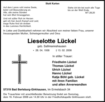 Traueranzeige von Lieselotte Lückel von Tageszeitung