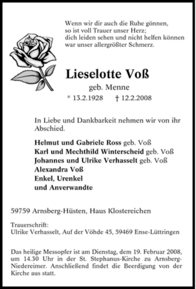  Traueranzeige für Lieselotte Voß vom 15.02.2008 aus Tageszeitung