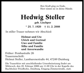 Traueranzeige von Hedwig Steller von Tageszeitung
