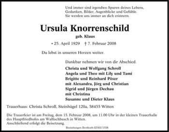Traueranzeige von Ursula Knorrenschild von Tageszeitung