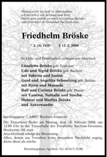 Traueranzeige von Friedhelm Bröske von Tageszeitung