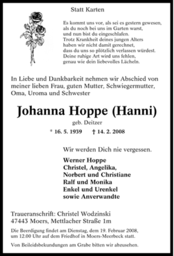 Traueranzeige von Johanna Hoppe von Tageszeitung