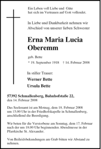 Traueranzeige von Erna Maria Lucia von Tageszeitung