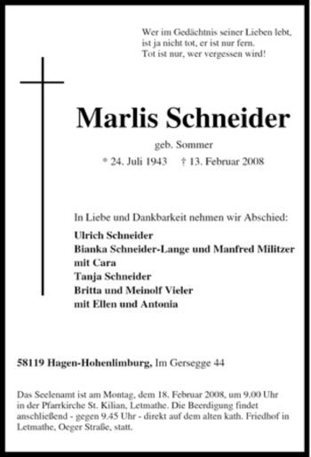 Traueranzeige von Marlis Schneider von Tageszeitung