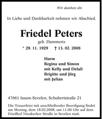 Traueranzeige von Friedel Peters von Tageszeitung