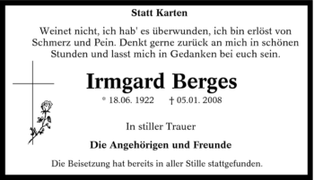 Traueranzeige von Irmgard Berges von Tageszeitung