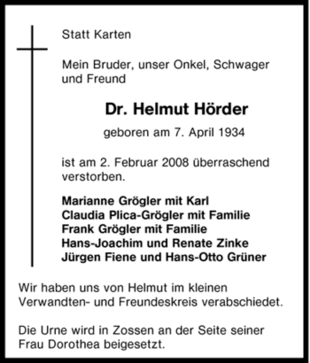 Traueranzeige von Helmut Hörder von Tageszeitung