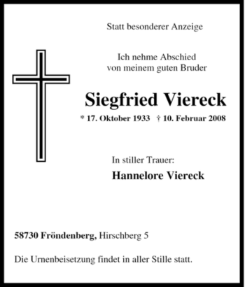 Traueranzeige von Siegfried Viereck von Tageszeitung
