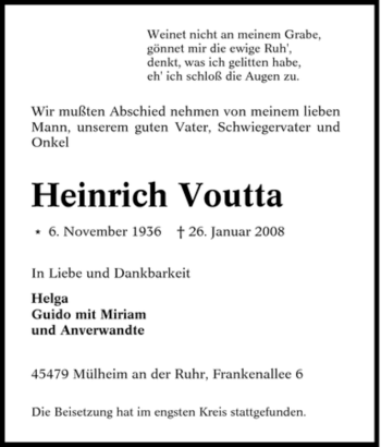 Traueranzeige von Heinrich Voutta von Tageszeitung