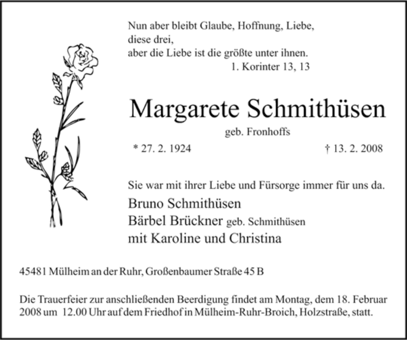  Traueranzeige für Margarete Schmithüsen vom 16.02.2008 aus Tageszeitung