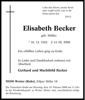 Traueranzeige von Elisabeth Becker von Tageszeitung