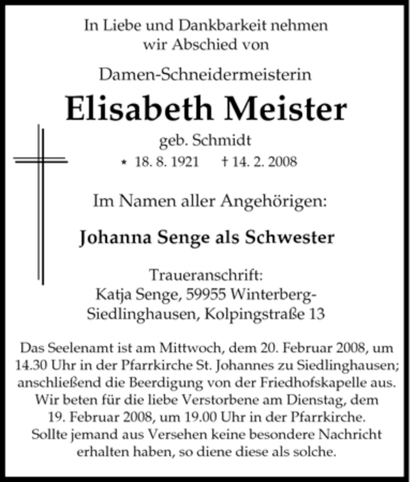  Traueranzeige für Elisabeth Meister vom 16.02.2008 aus Tageszeitung