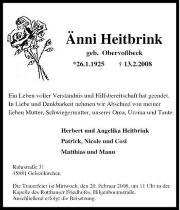 Traueranzeige von Änne Heitbrink von Tageszeitung