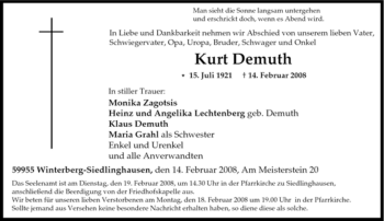 Traueranzeige von Kurt Demuth von Tageszeitung