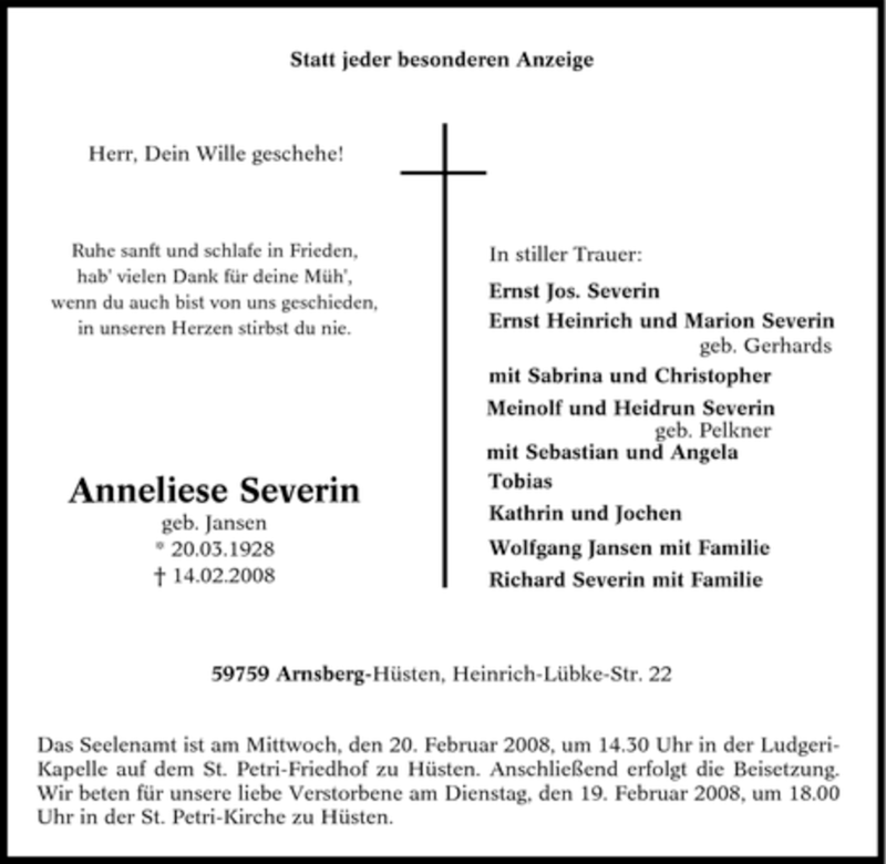 Traueranzeige für Anneliese Severin vom 16.02.2008 aus Tageszeitung