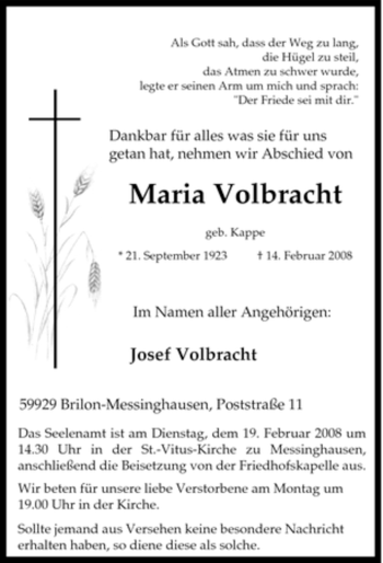 Traueranzeige von Maria Volbracht von Tageszeitung