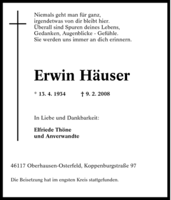 Traueranzeige von Erwin Häuser von Tageszeitung