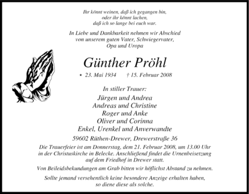  Traueranzeige für Günther Pröhl vom 16.02.2008 aus Tageszeitung