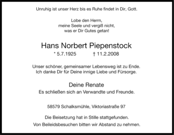 Traueranzeige von Hans Norbert Piepenstock von Tageszeitung